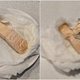 Left: Cooked salmon in paper towels; Right: Forkful of cooked salmon